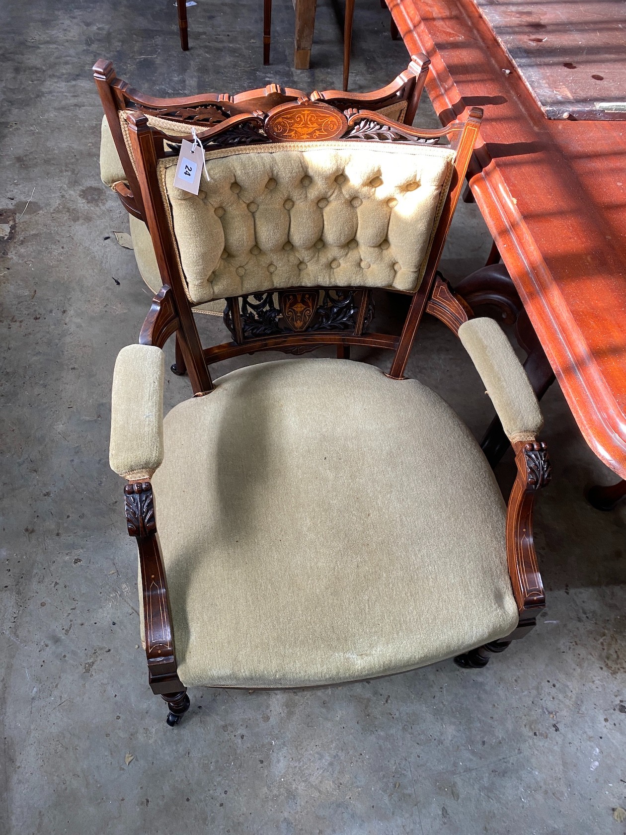 A pair of late Victorian inlaid rosewood salon chairs, width 63cm, depth 60cm, height 80cm